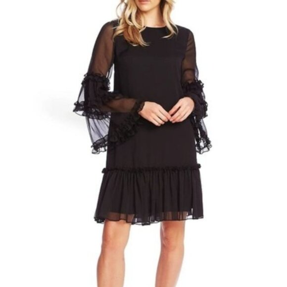 NWT- CeCE Ruffle Chiffon, Long Bell-Sleeve, Shift Dress- Rich Black- Small - Picture 3 of 11